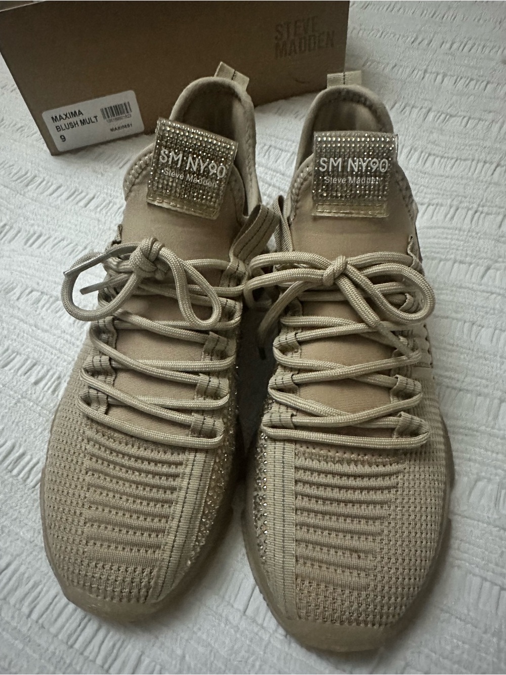 Steve Madden Taupe Knit Slip-On Sneakers with Rhinestone Accent